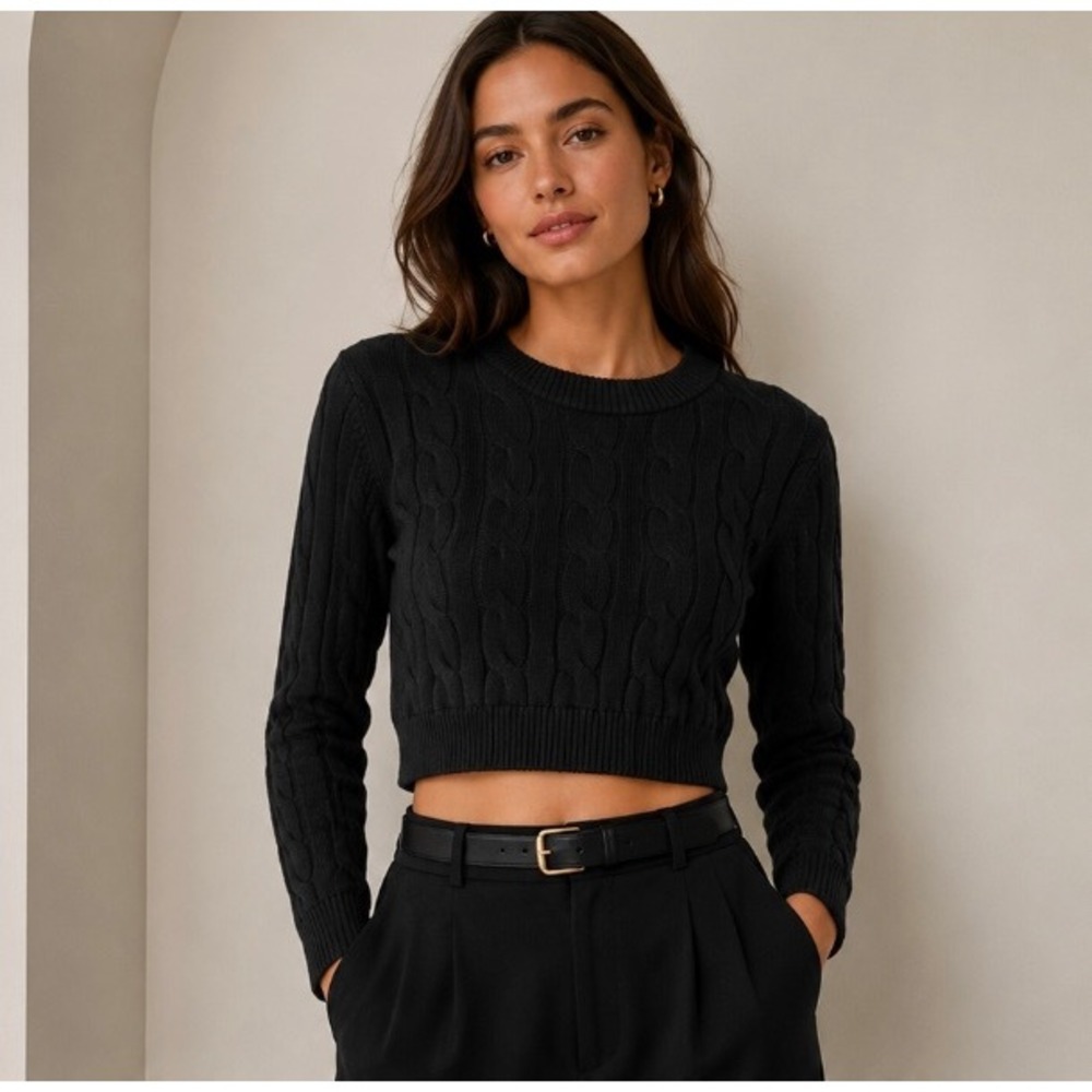 Minnie Rose Black Cropped Cable Knit Cotton Sweater XS